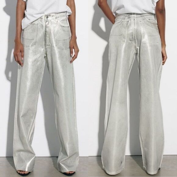 🆕️ Zara Boy Boy Metallic High Rise Relaxed Fit Jeans in Silver - Picture 3 of 15